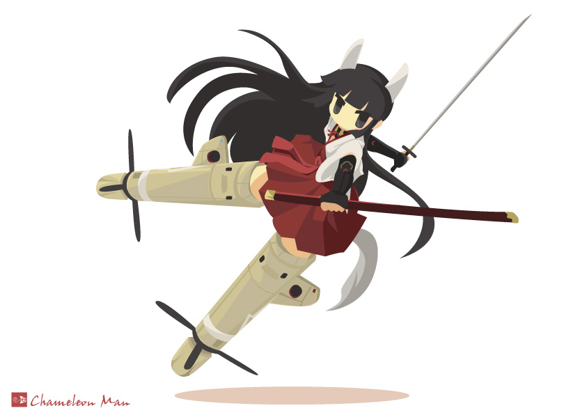 anabuki_tomoko, animal_ears, black_eyes, black_hair, fox_ears, fox_tail, gauntlets, japanese_clothes