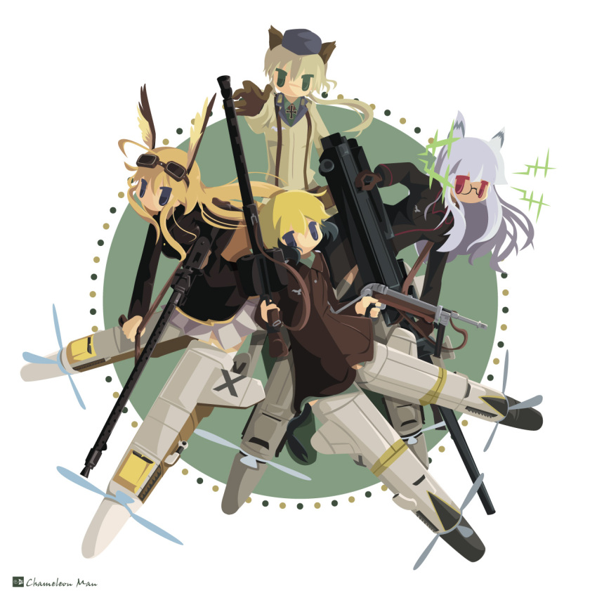 animal_ears, blonde_hair, blue_eyes, cross, erica_hartmann, goggles, green_eyes, gun