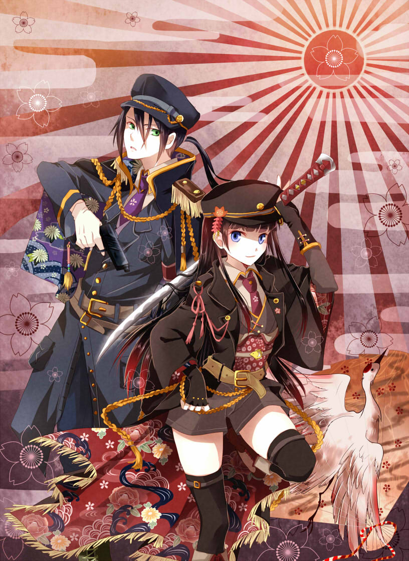 1girl, arm_up, bird, black_hair, blue_eyes, boots, crane, crane_(animal)