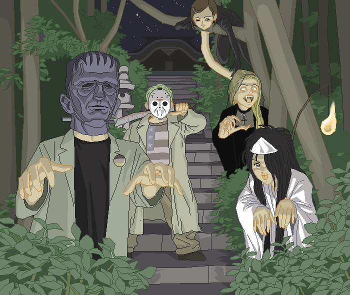 3girls, american_flag, amery, cross, elizabeth_(nihon-chan), frankenstein, frankenstein's_monster, frankenstein's_monster
