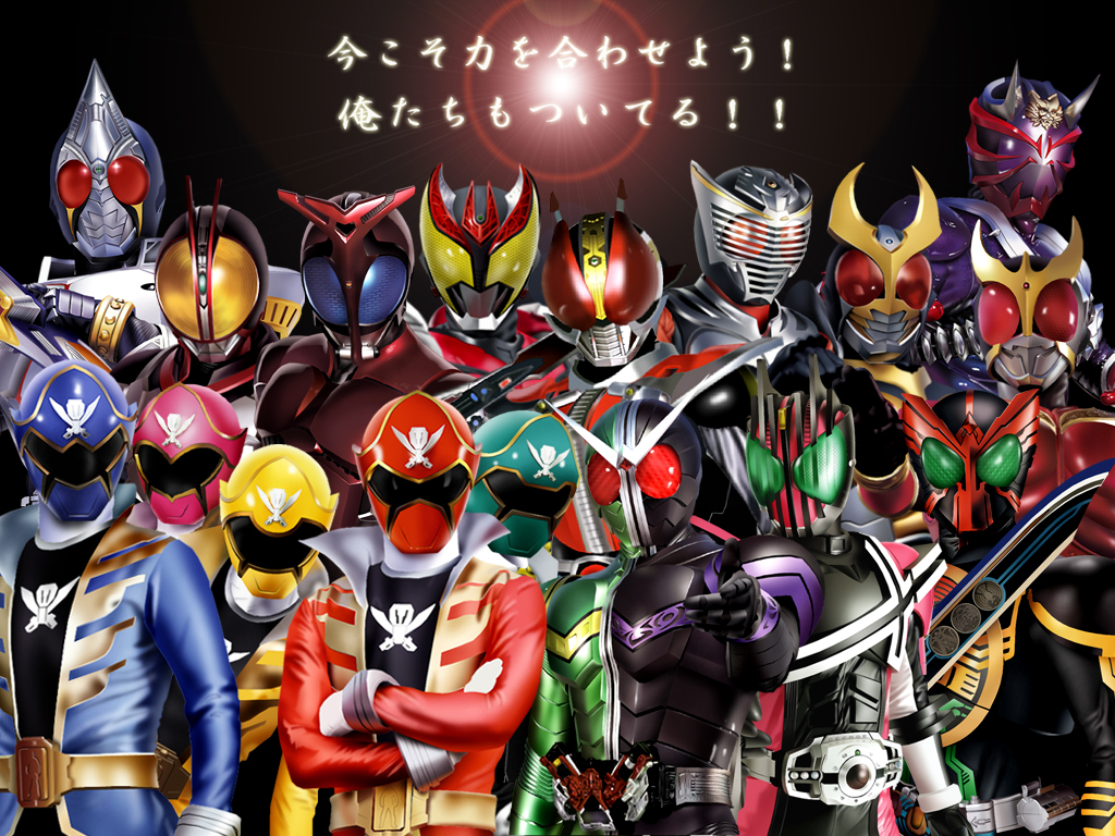 6+boys, belt, crossed_arms, female, gokai_blue, gokai_green, gokai_pink, gokai_red