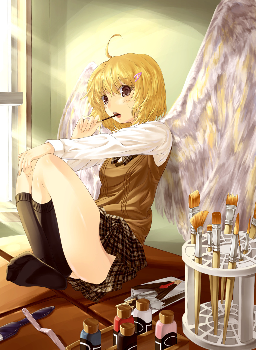 angel_wings, art_brush, bad_id, blonde_hair, brown_eyes, decchi_oyabun, eating, highres
