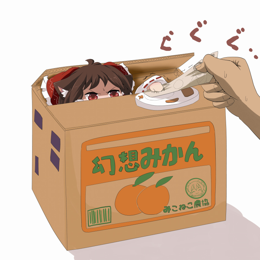 1girl, absurdres, angry, animal_ears, bow, box, brown_hair, cardboard_box