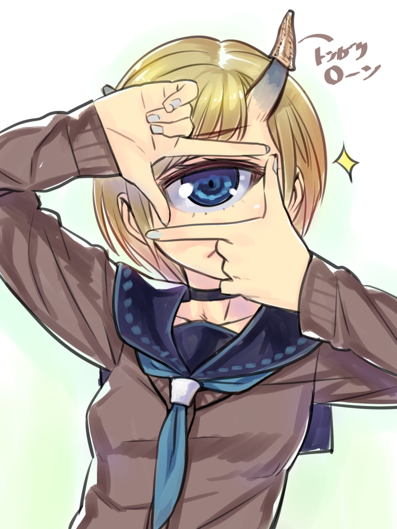 blonde_hair, blue_eyes, bubuzuke, bust, collarbone, cyclops, finger_frame, horns