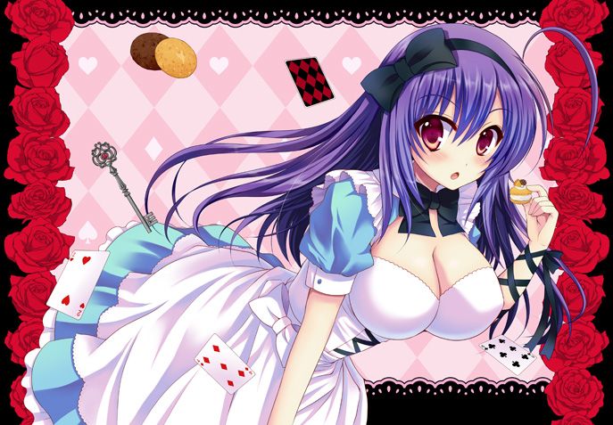 ahoge, biscuit, blush, breasts, card, cleavage, dress, hairband