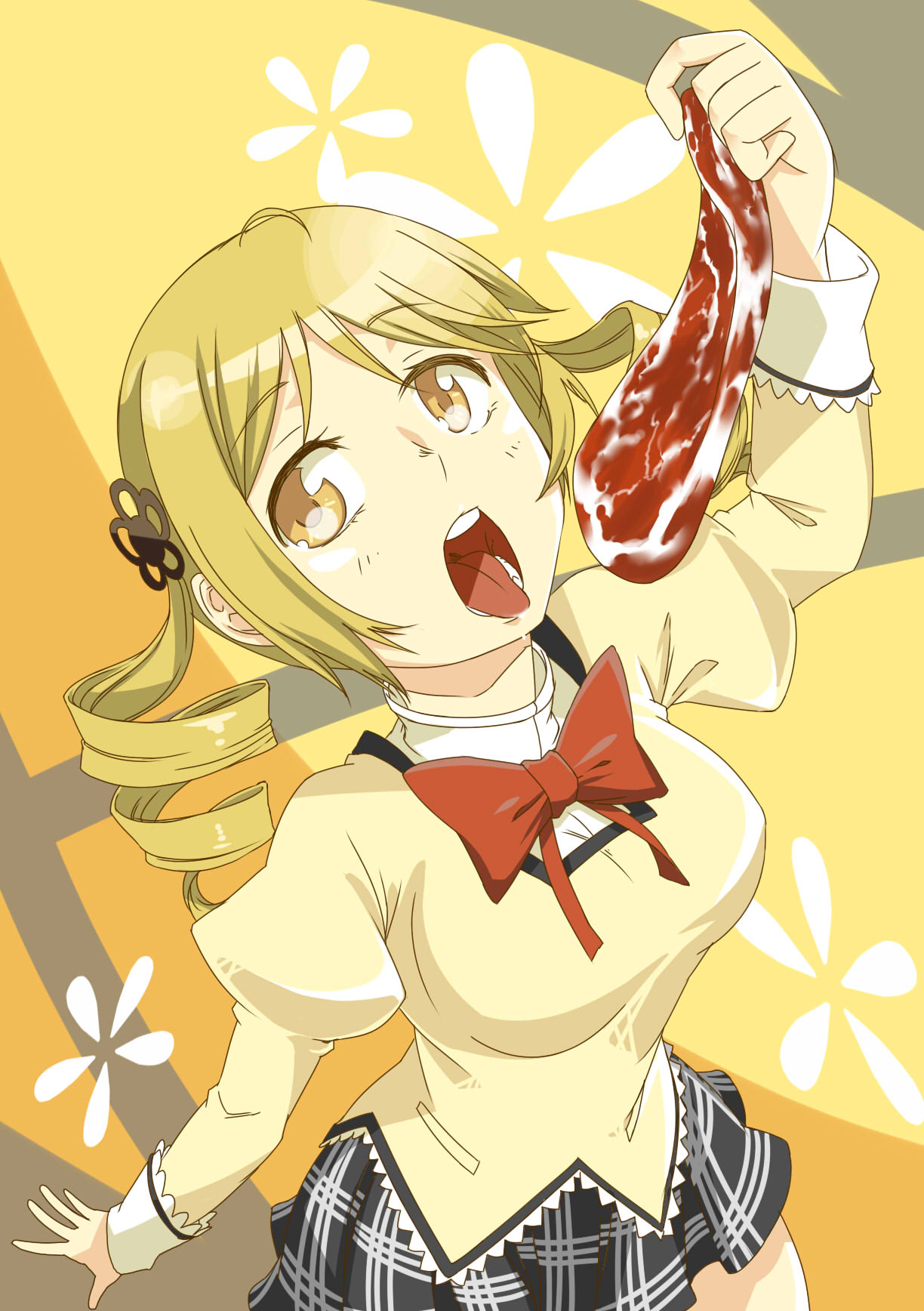 blonde_hair, breasts, drill_hair, food, hair_ornament, highres, large_breasts, mahou_shoujo_madoka_magica, meat, nonone_(the9thxsheep), open_mouth, plaid, plaid_skirt, pleated_skirt, saliva, school_uniform, skirt, solo, taut_shirt, tomoe_mami, yellow_eyes