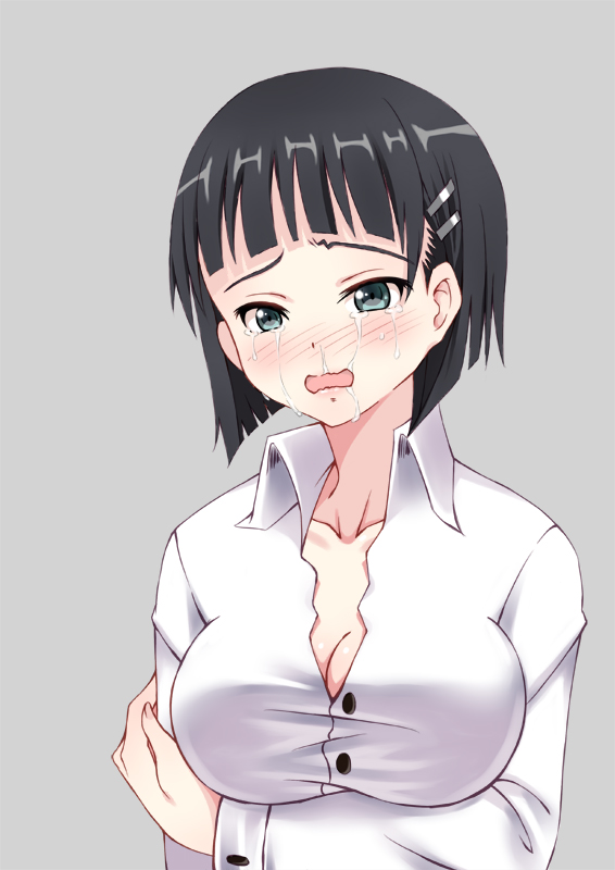 akage, black_hair, breasts, cleavage, crying, green_eyes, kirigaya_suguha, short_hair