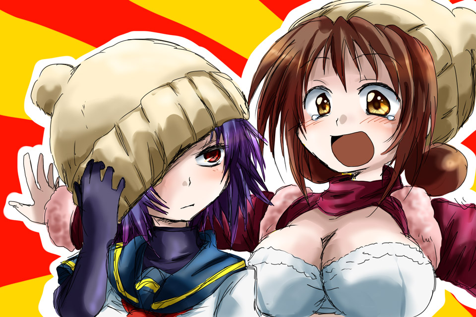 blue_hair, breasts, brown_hair, cleavage, hat, koga_itami, medaka_box, multiple_girls