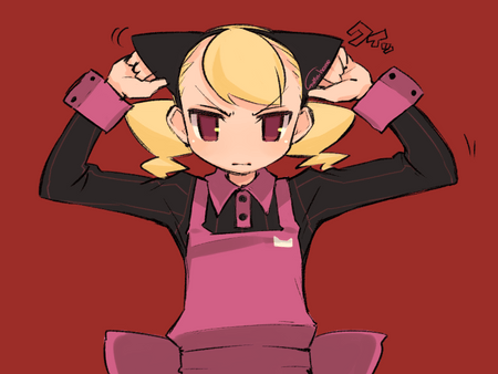blonde_hair, dress, motor_home, nekomimi, piggy_tails, red_eyes, short_hair, twintails