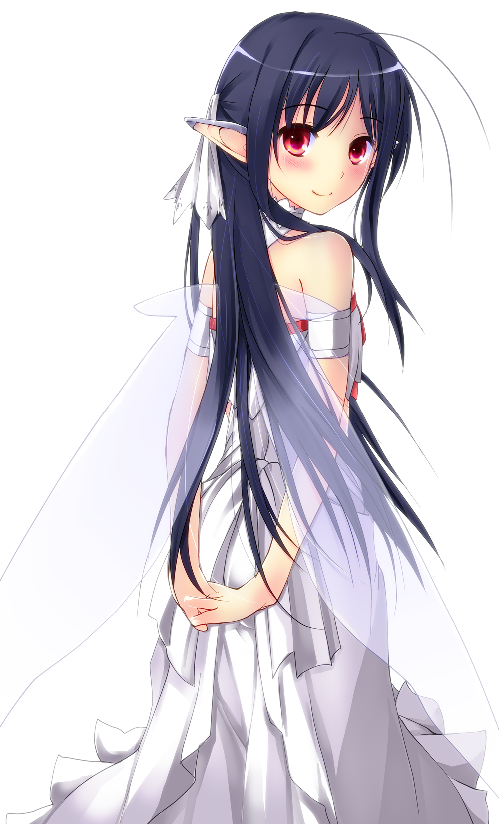 accel_world, antennae, arms_behind_back, asuna_(sao), asuna_(sao)_(cosplay), asuna_(sao-alo), asuna_(sao-alo)_(cosplay), bare_shoulders, black_hair, blush, cosplay, creator_connection, dress, fairy, from_behind, hasshin_aki_ichi, highres, interlocked_fingers, kuroyukihime, long_hair, looking_at_viewer, looking_back, pointy_ears, red_eyes, smile, solo, sword_art_online, titania_(sao), titania_(sao)_(cosplay), white_background, wings, yagami_akiichi