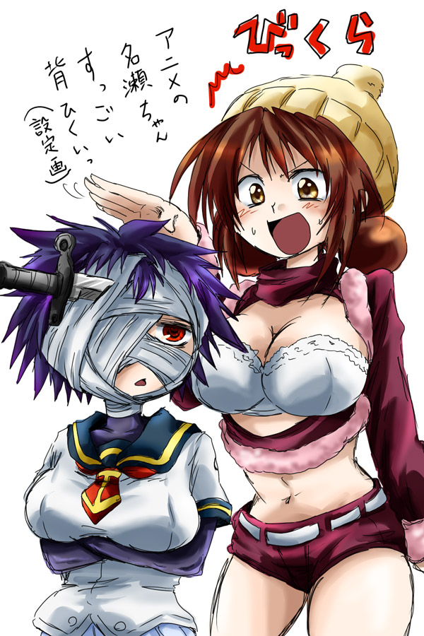 bandage, bandages, blue_hair, blush, breasts, brown_hair, cleavage, crossed_arms