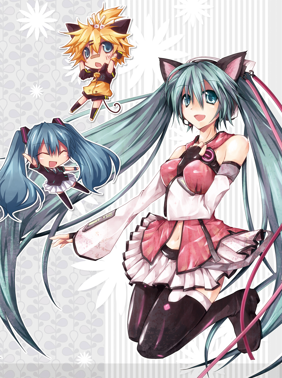 1boy, 2girls, akina_rei, aqua_hair, arm_up, blonde_hair, chibi, closed_eyes