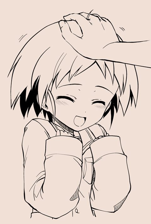 blush, girls_und_panzer, long_sleeves, maruyama_saki, monochrome, nishino_eiichi, open_mouth, petting, sakaguchi_karina, school_uniform, serafuku, smile, solo, standing