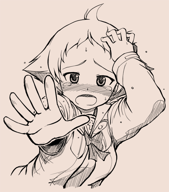 ahoge, blush, cross, embarrassed, erwin, girls_und_panzer, hand_on_head, long_sleeves