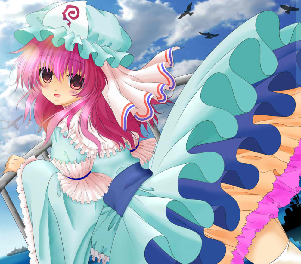 back, bird, cloud, clouds, colored, hat, japanese_clothes, jpeg_artifacts, looking_at_viewer, neko_suki_musume, nogi_takayoshi, ocean, open_mouth, pink_eyes, pink_hair, saigyouji_yuyuko, sash, ship, short_hair, sky, smile, solo, thigh-highs, thighhighs, touhou, triangular_headpiece, water, white_legwear, wide_sleeves