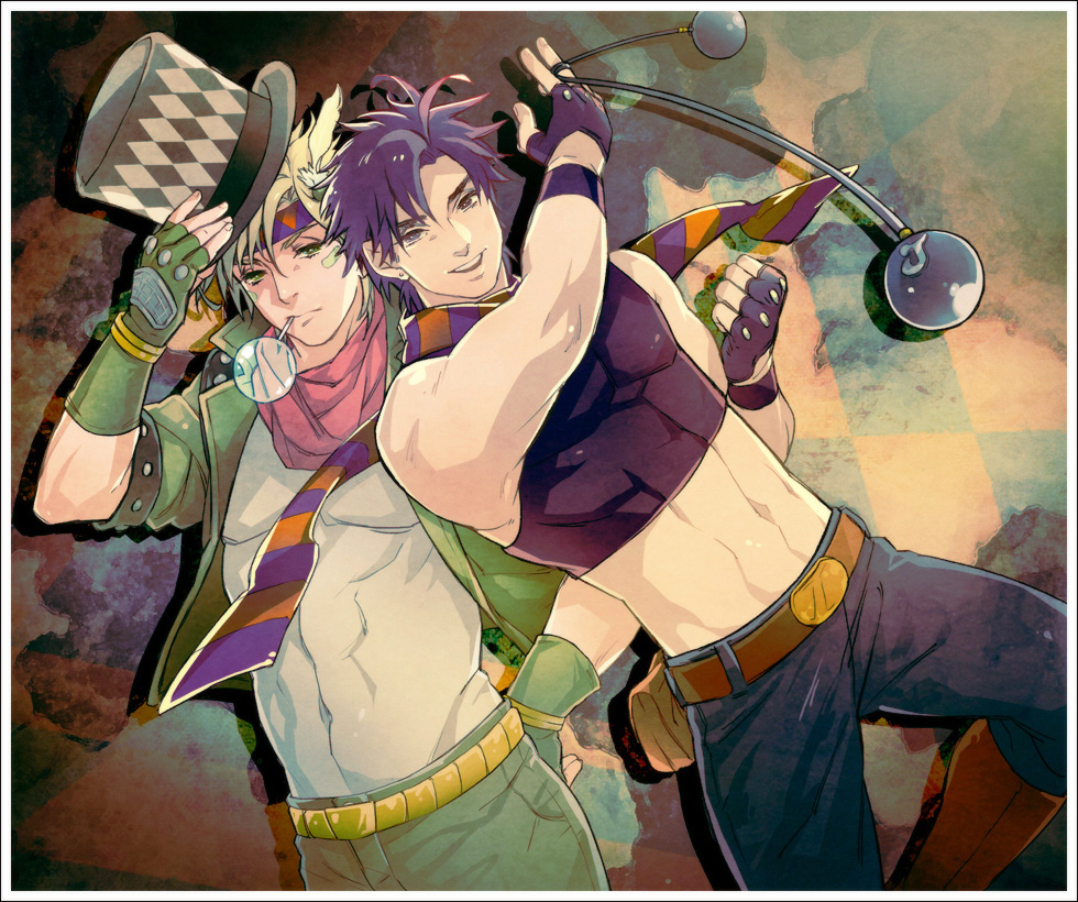 black_hair, blonde_hair, blue_eyes, blue_hair, bubble, caesar_anthonio_zeppeli, facial_mark, fingerless_gloves