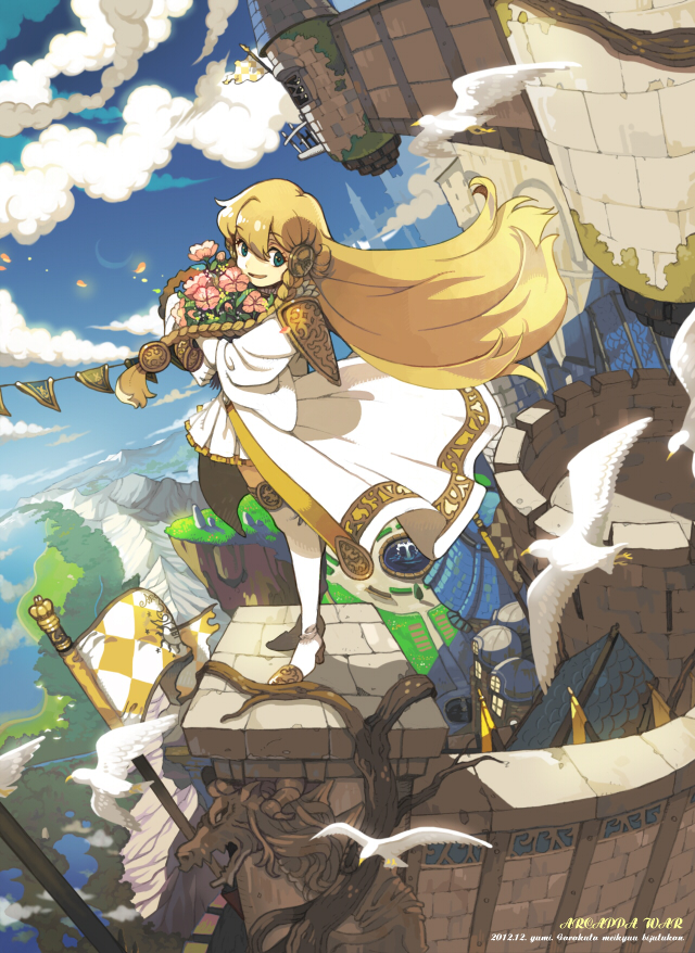 bird, blonde_hair, blue_eyes, braid, cape, castle, cloud, clouds, flag, flower, hair_ornament, long_hair, original, skirt, smile, solo, standing, thigh-highs, thighhighs, yumi_(pixiv77547)