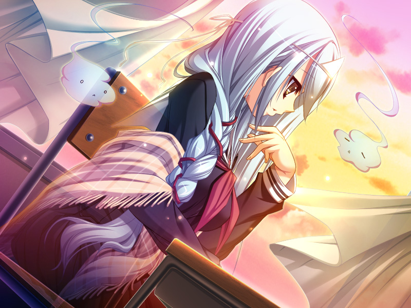 blue_hair, braid, chair, circlet, classroom, desk, dutch_angle, game_cg