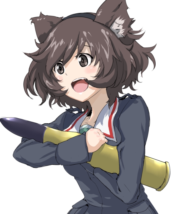 akiyama_yukari, animal_ears, blush, brown_eyes, brown_hair, colmack, girls_und_panzer, hairband, messy_hair, open_mouth, school_uniform, solo, tank_shell
