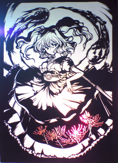 frederiq, kirigami, monochrome, onozuka_komachi, solo, spot_color, touhou, traditional_media
