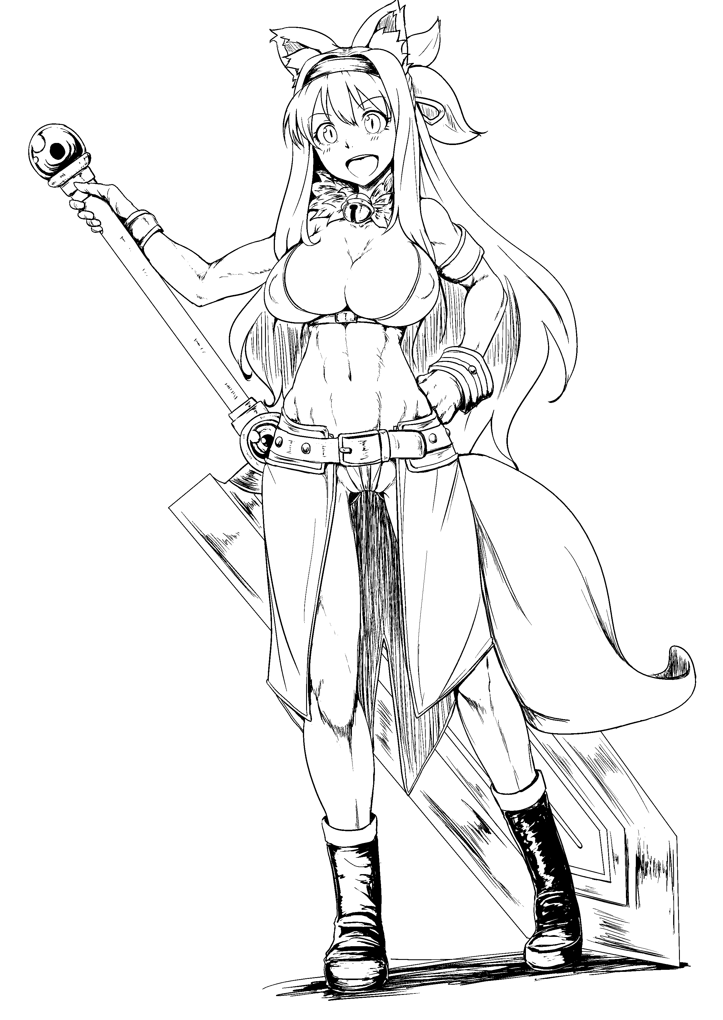 absurdres, breasts, clearite, cleavage, hand_on_hip, highres, huge_weapon, kouretsuken_mahiru, large_breasts, long_hair, monochrome, open_mouth, shinrabanshou, simple_background, smile, solo, sword, very_long_hair, weapon, white_background