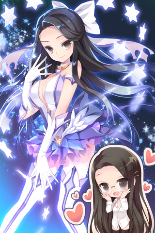 bare_shoulders, black_hair, black_legwear, boots, breasts, chibi, cleavage, dress_shirt, elbow_gloves, forehead, glasses, gloves, grey_eyes, grin, half_updo, hands_on_own_cheeks, hands_on_own_face, heart, ieban, knee_boots, layna_scentriver, long_hair, lowres, night, open_mouth, outstretched_hand, shirt, skirt, smile, star, sword_girls, thigh-highs, thighhighs, very_long_hair