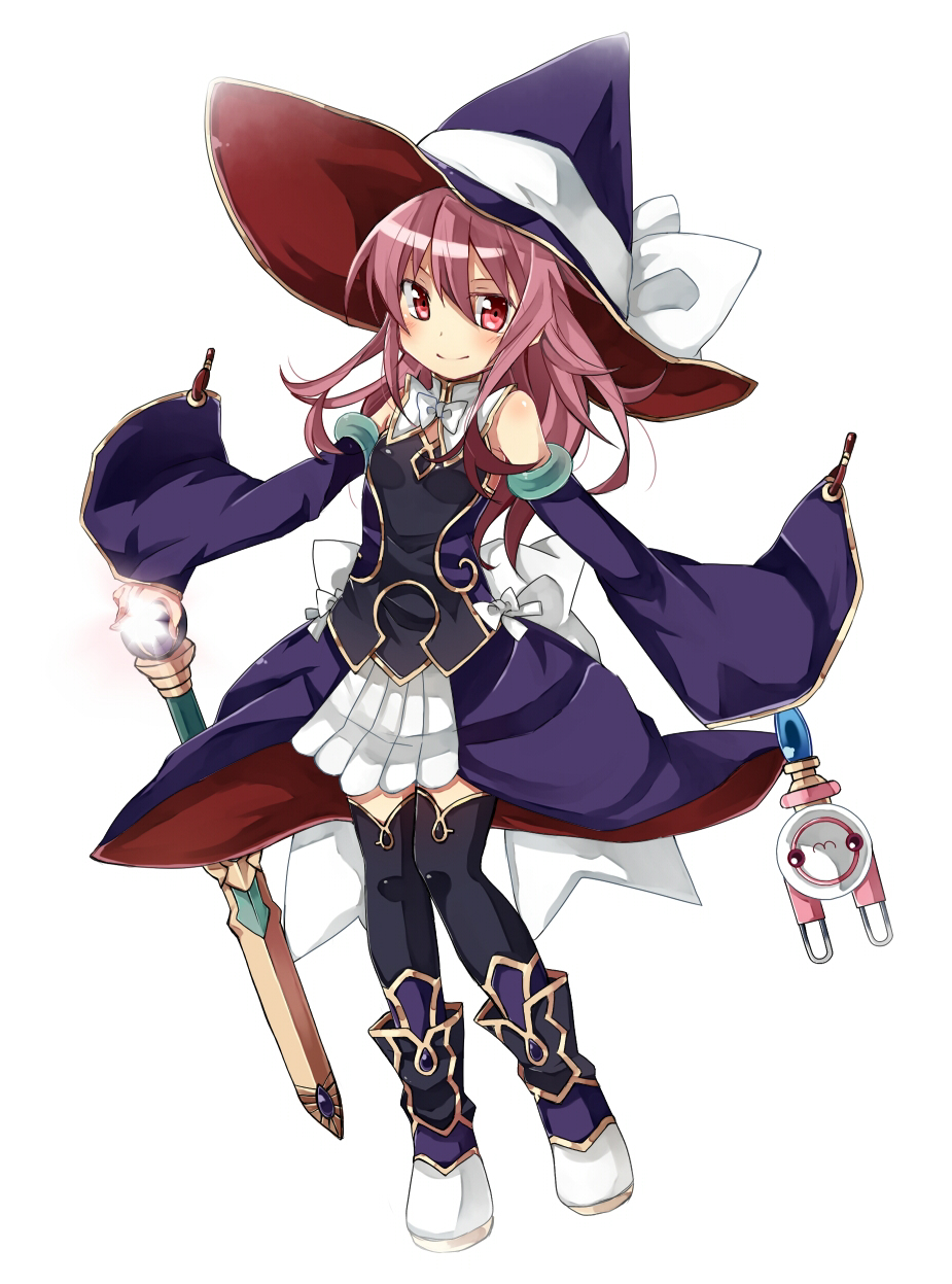 :3, blush, boots, bow, daimadou_magiko, detached_sleeves, dress, hat, highres, hukii_hiyoru, long_hair, magiko_magika, pink_hair, red_eyes, shinrabanshou, simple_background, smile, solo, sword, thigh-highs, thighhighs, weapon, white_background, witch_hat