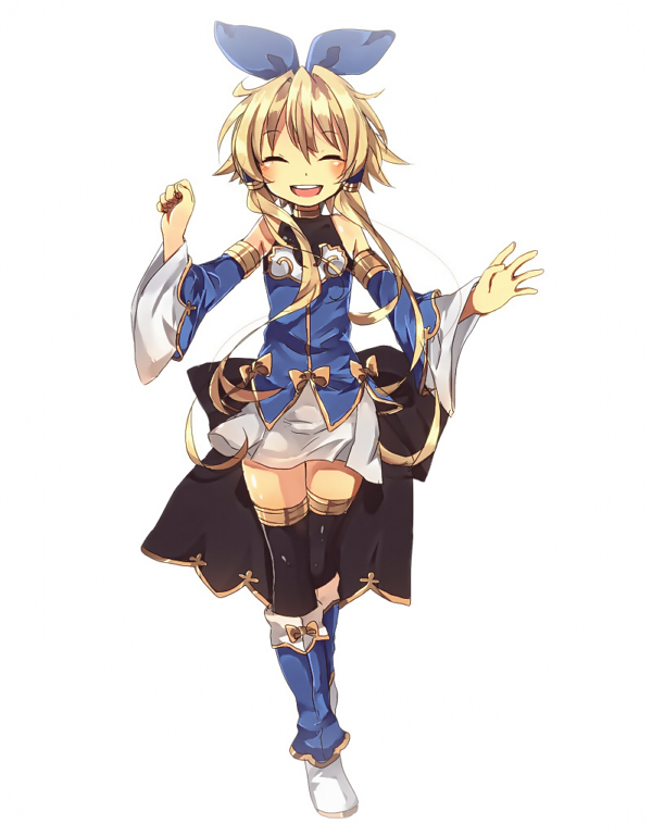 armlet, bare_shoulders, blonde_hair, boots, bow, closed_eyes, detached_sleeves, eyes_closed, hair_bow, hair_tubes, happy, hukii_hiyoru, long_hair, meryl_star, open_mouth, payot, shinrabanshou, simple_background, solo, thigh-highs, thighhighs, very_long_hair, white_background