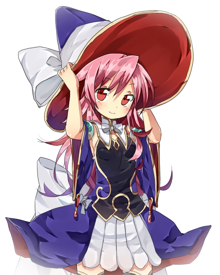 adjusting_hat, blush, bow, daimadou_magiko, dress, hat, hukii_hiyoru, long_hair, magiko_magika, pink_hair, red_eyes, shinrabanshou, simple_background, smile, solo, white_background, witch_hat