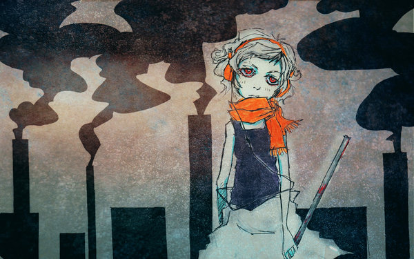 1girl, blood, expressionless, head_tilt, headphones, industrial, lead_pipe, looking_at_viewer
