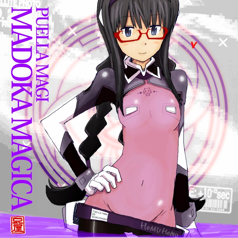 adapted_costume, akemi_homura, ani_(aniya), black_hair, blush_stickers, braid, glasses, gloves