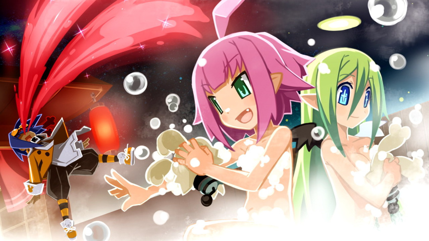2girls, ahoge, altis, aqua_eyes, attouteki_yuugi_mugen_souls, bath, blood, bloody_nose