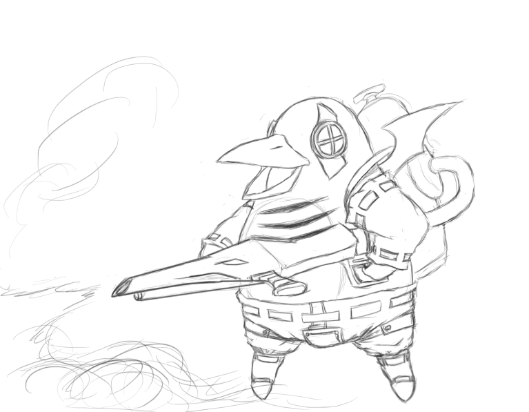 bat_wings, bors, cosplay, disgaea, drawfag, flamethrower, monochrome, no_humans, open_mouth, prinny, sketch, solo, traditional_media, weapon, wings