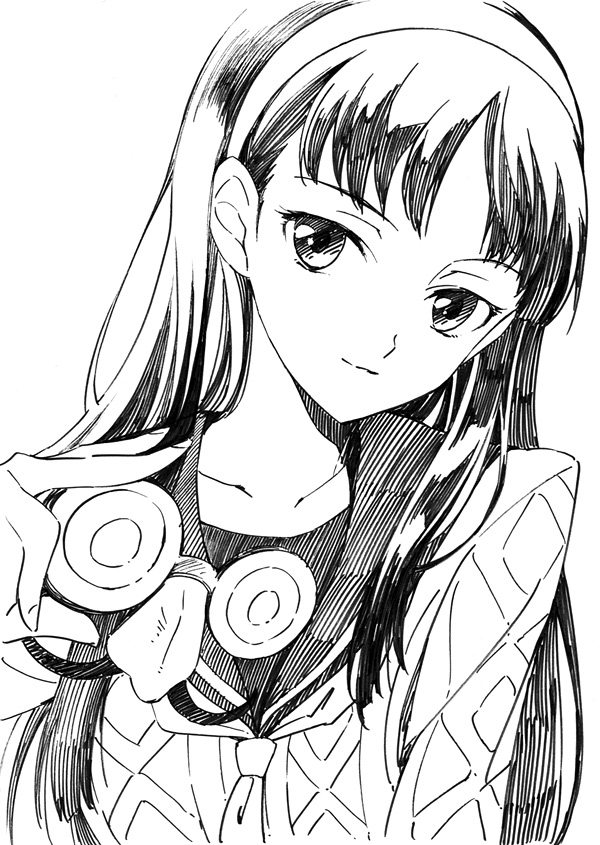 agahari, amagi_yukiko, black_hair, bust, greyscale, hairband, joke_glasses, long_hair