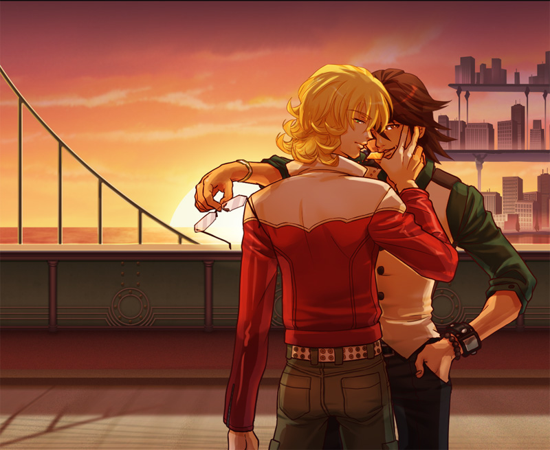 b_ribbon, barnaby_brooks_jr, blonde_hair, bracelet, bridge, brown_eyes, brown_hair, glasses