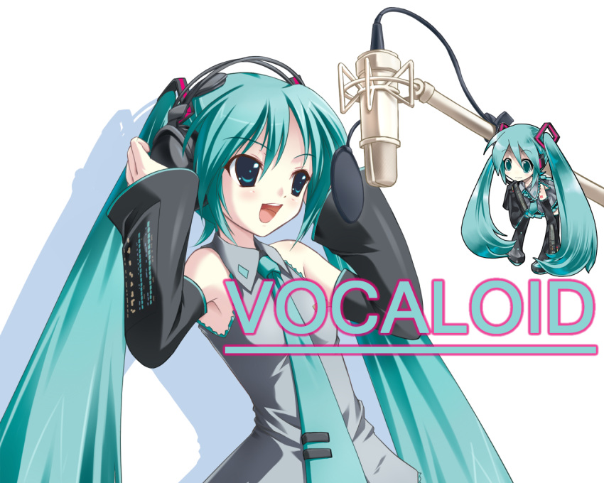 amino_kohaku, aqua_hair, detached_sleeves, hands_on_headphones, hatsune_miku, headphones, microphone, vocaloid