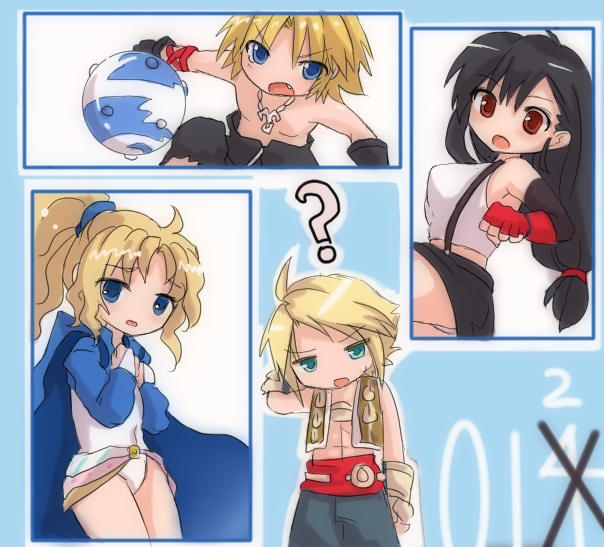 >:o, 2girls, :o, ?, alternate_costume, black_hair, blitzball, blonde_hair