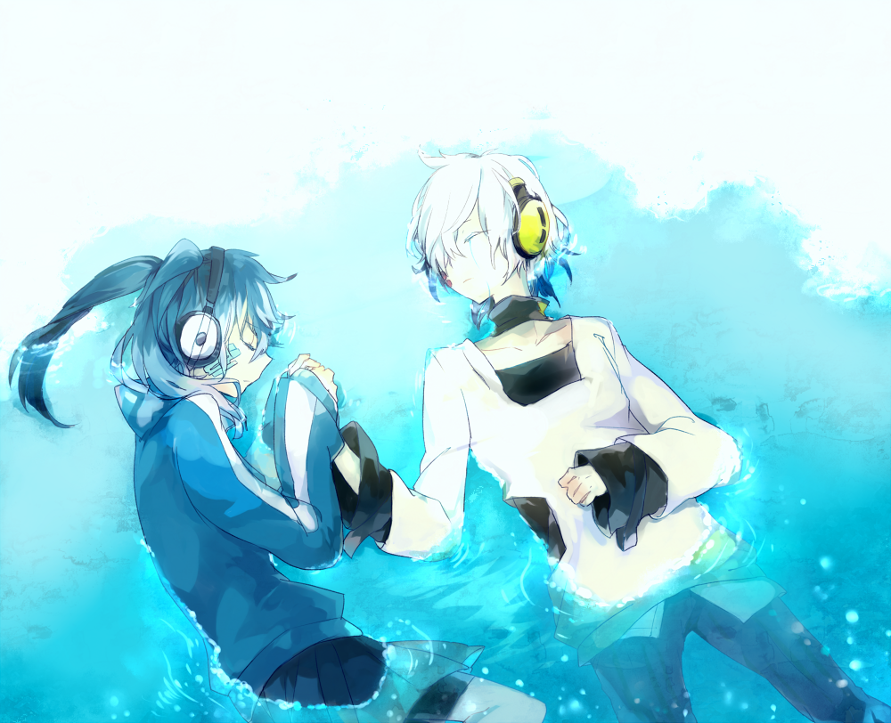 1girl, blue_hair, closed_eyes, ene_(kagerou_project), eyes_closed, hand_holding, haruu_shun, holding_hands