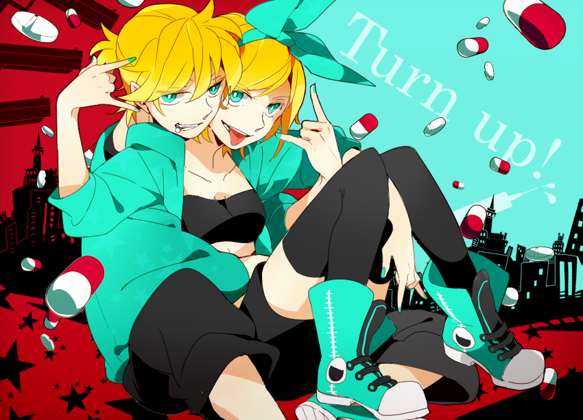 1girl, :p, \m/, al_(arupaka), blonde_hair, blue_eyes, bow, hair_bow