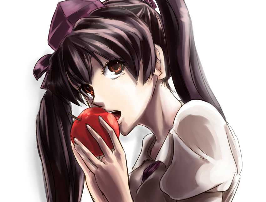 apple, biting, black_hair, brown_eyes, bust, face, food, fruit