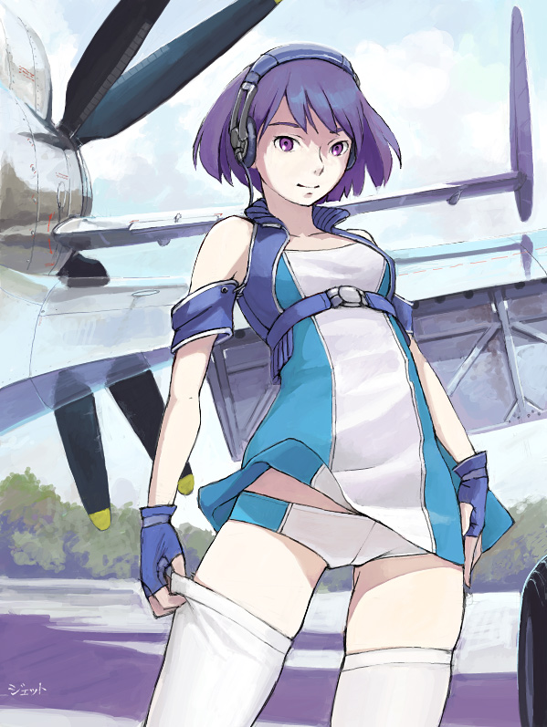 airplane, dmitry_popov, fingerless_gloves, gloves, headset, isle_of_winds, propeller, purple_eyes