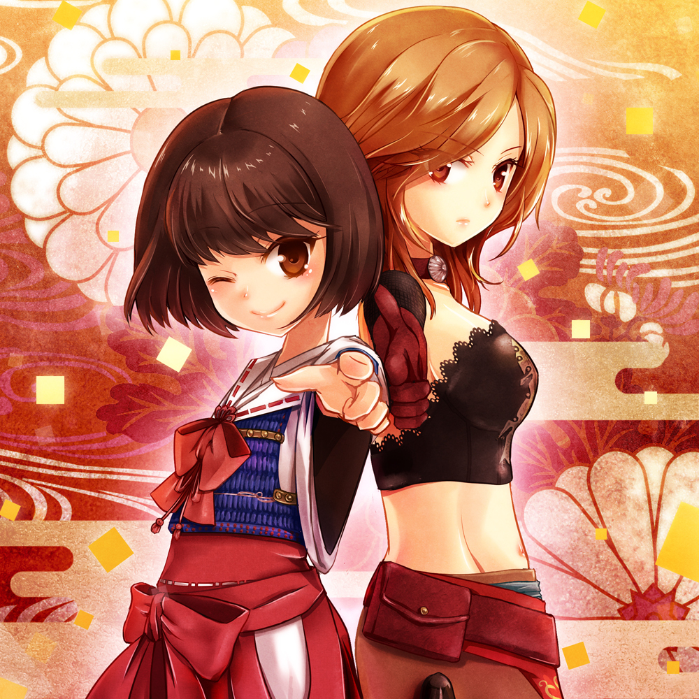 back-to-back, bow, brown_hair, choker, elbow_gloves, finger_gun, flower, foreshortening