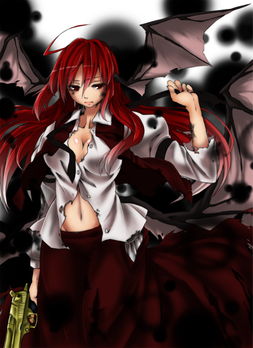 bat_wings, breasts, cleavage, desert_eagle, dirty, gun, handgun, head_wings