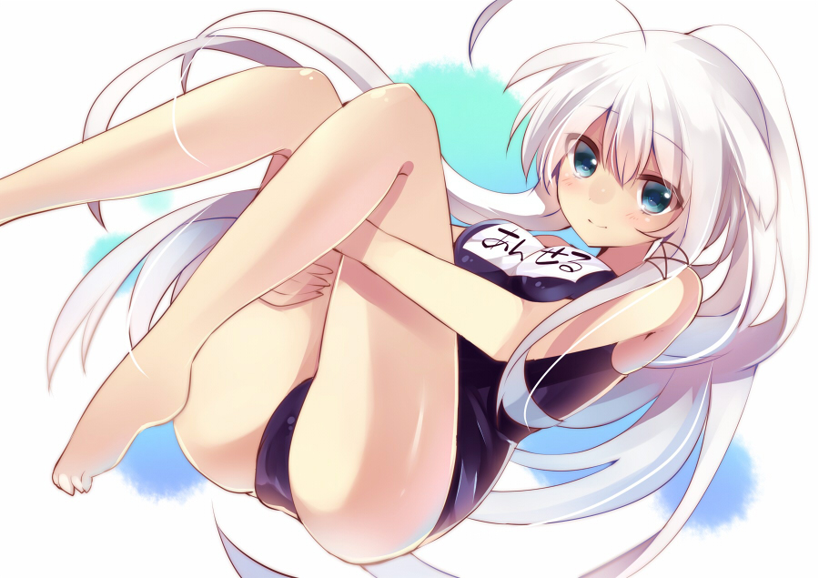 ahoge, anceril_sacred, bare_legs, bare_shoulders, barefoot, blue_eyes, blue_swimsuit, blush