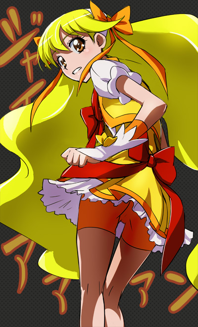 bike_shorts, blonde_hair, bow, brown_eyes, hair_bow, haruyama, long_hair, looking_at_viewer
