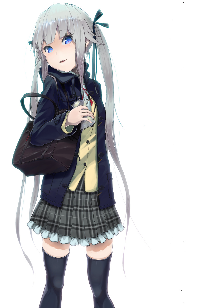 absurdres, bag, bishoujo_mangekyou, black_legwear, blue_eyes, blush, fukurou_(suga0930), hair_ribbon
