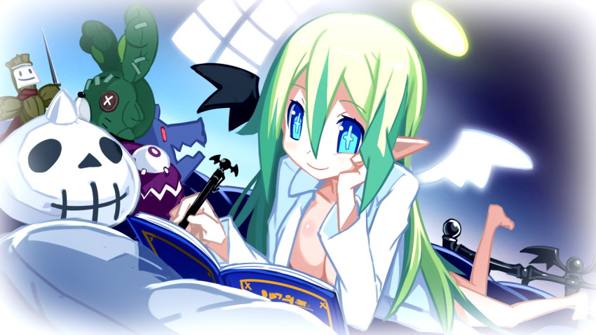 altis, aqua_eyes, attouteki_yuugi_mugen_souls, barefoot, bed, book, breasts, green_hair, halo, harada_takehito, long_hair, long_sleeves, lying, no_bra, official_art, on_stomach, pen, pointy_ears, shampuru, smile, solo, stuffed_animal, stuffed_toy