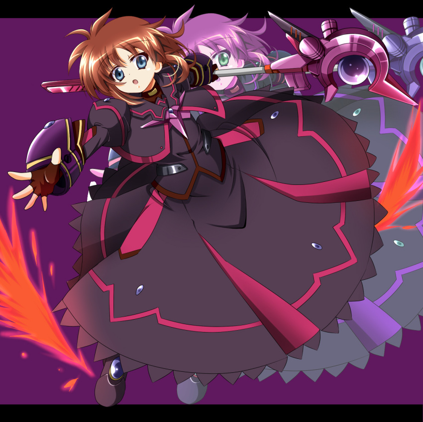 armor, blue_eyes, brown_hair, dress, fingerless_gloves, gloves, highres, letterboxed