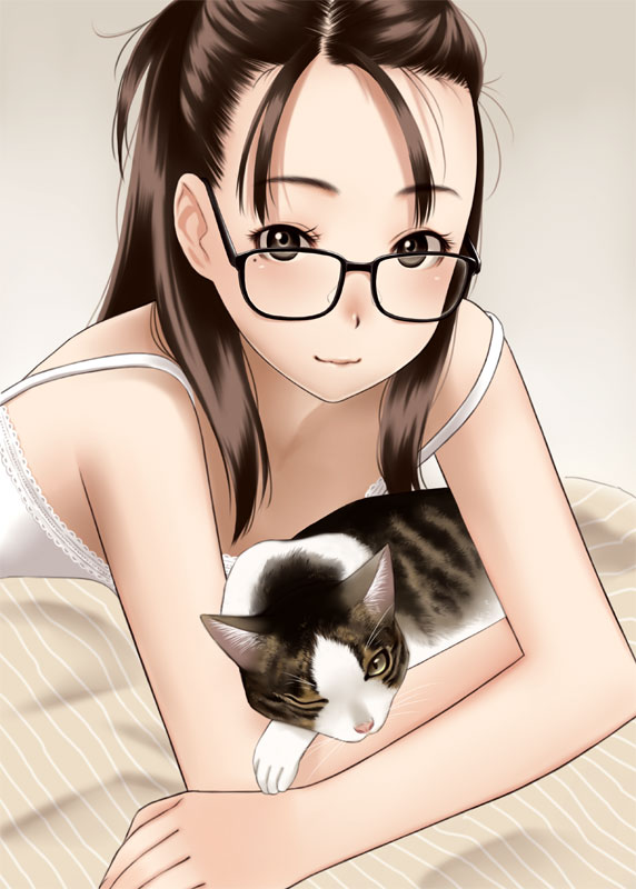 blanket, brown_hair, camisole, cat, glasses, luna2, mole, original