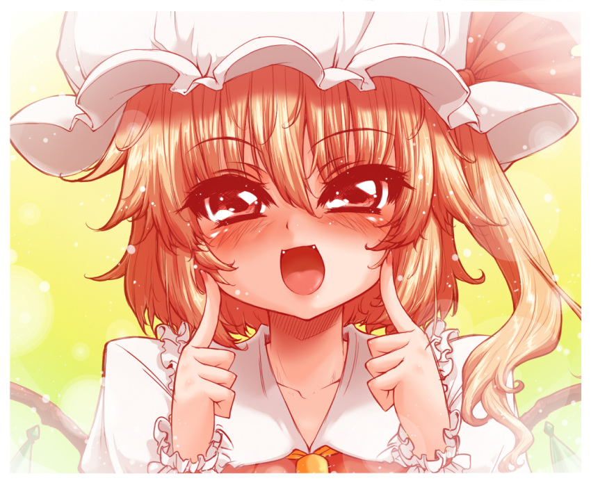 ascot, blonde_hair, blush, bust, close-up, demekyon, fangs, fingersmile